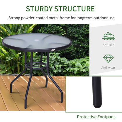 Outsunny Outdoor Round Dining Table Tempered Glass Top Steel Garden Table w/ Parasol Hole 80cm