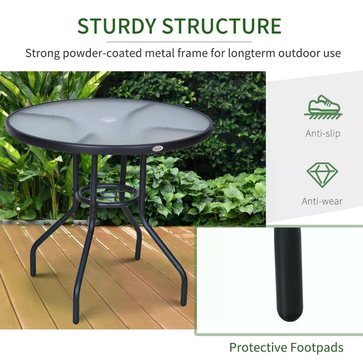 Outsunny Outdoor _80cm Round Dining Table Tempered Glass Top Steel Frame Bistro Coffee End Side Table Garden w/ Parasol Hole