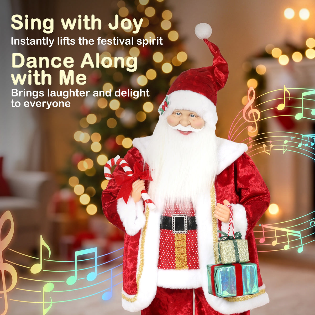 HOMCOM 120cm Life Size Singing Dancing Santa Claus, Standing Musical Animated Santa with Gift and Candy Cane, Posable Arms, Handcrafted, Sound Touch Activated, Moving Christmas Figure Decoration
