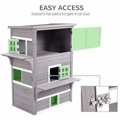 PawHut Three-Tier wooden Kitten Shelter, Outdoor Cat House, with Jumping Platforms, Asphalt Roof, Doors - Grey