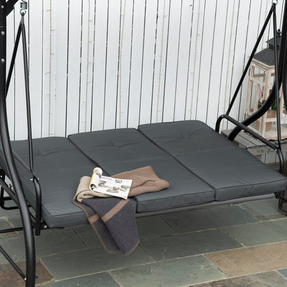 Outsunny 3 Seater Canopy Swing Chair, 2 in 1 Garden Swing Seat Bed, with Adjustable Canopy and Metal Frame, Dark Grey