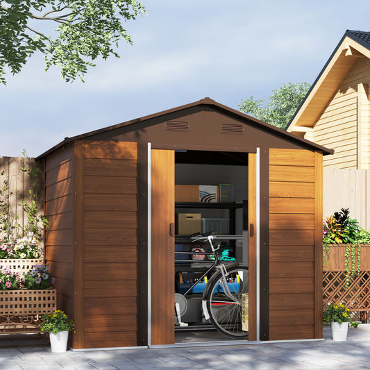 Outsunny 8 x 6ft Garden Storage Shed z przesuwanymi drzwiami - Brązowy efekt drewna