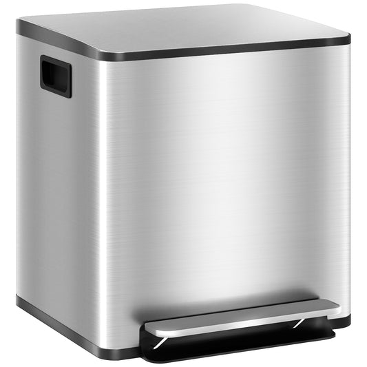 HOMCOM 30L Dual Compartment Stainless Steel Bin, with Deodoriser Holders - Silver Tone