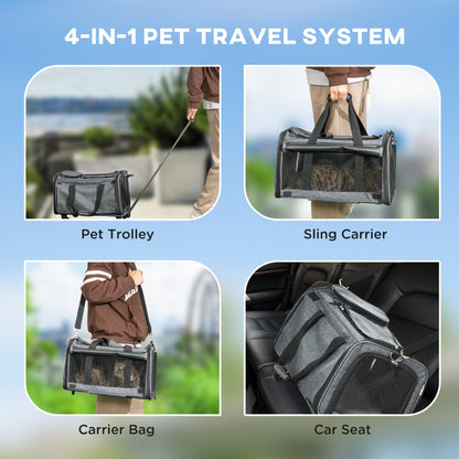 PawHut 4 in 1 Pet Carrier On Wheels for Cats, Miniature Dogs with Telescopic Handle, Storage, Grey