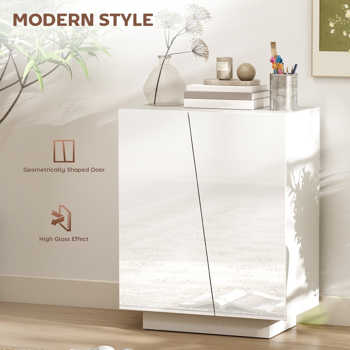 خزانة تخزين عالية اللمعان من HOMCOM، خزانة تخزين مستقلة مع أرفف قابلة للتعديل لغرفة المعيشة وغرفة النوم والممر، باللون الأبيض