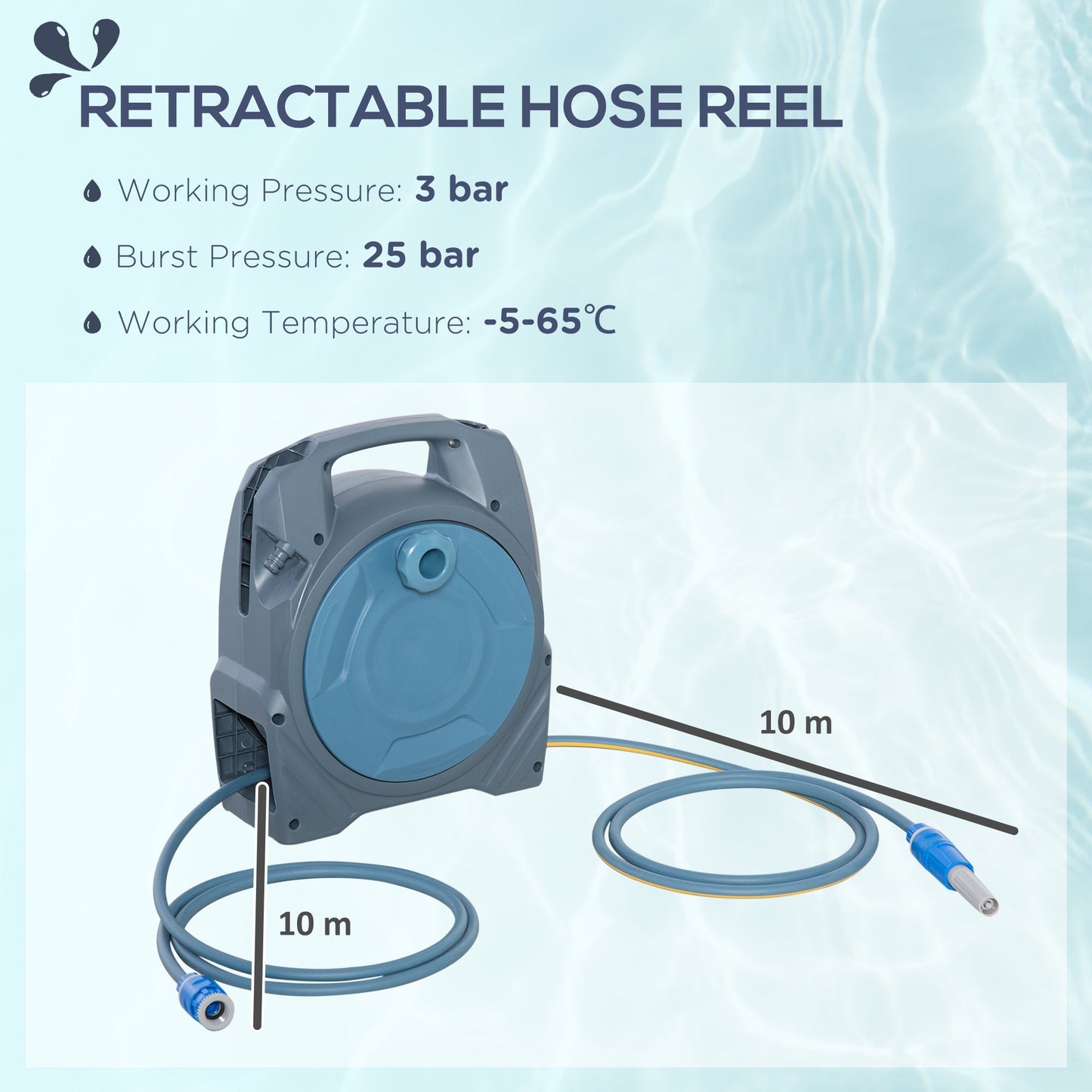 Outsunny Garden Hose Reel Retractable Hose Reel with 10m + 10m Hose and Simple Manual Rewind, Compact and Lightweight