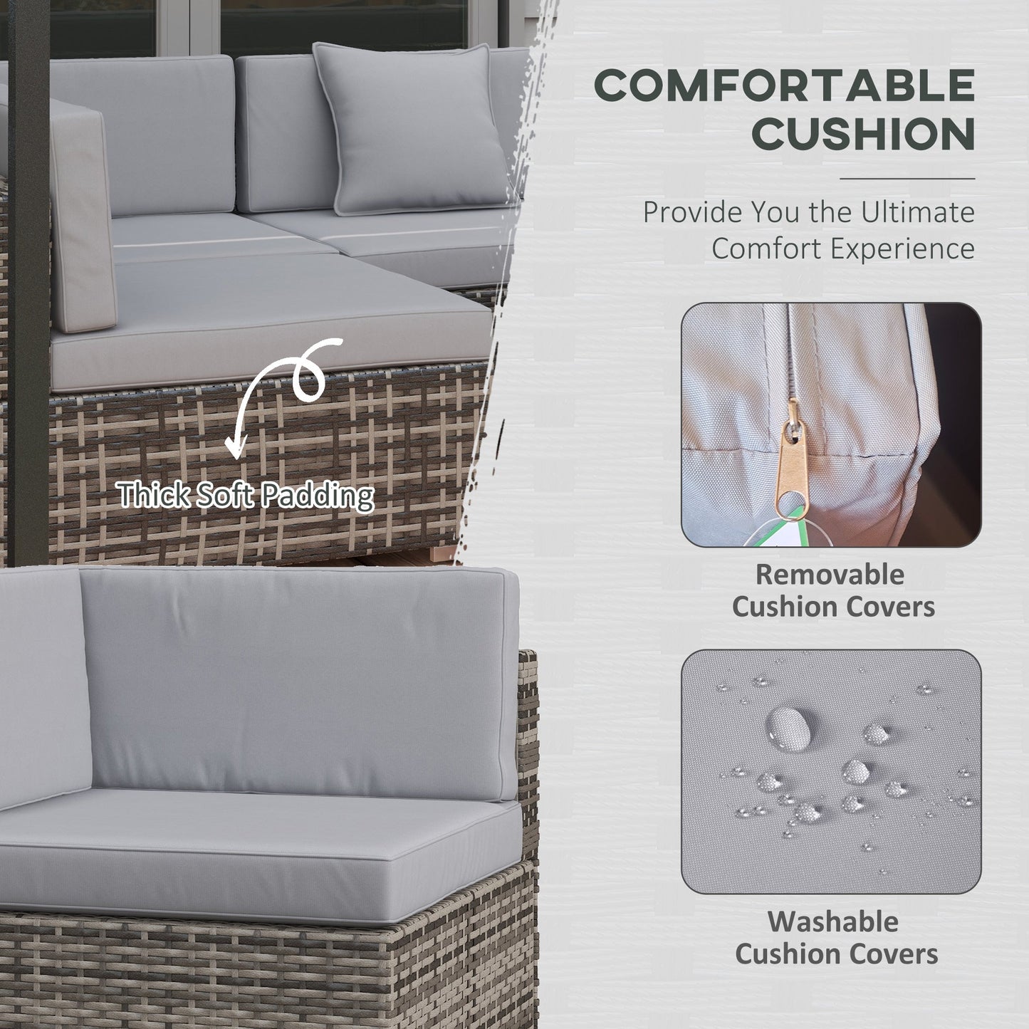 7 Pieces PE Rattan Garden Furniture Set with Thick Padded Cushion, Patio Garden Corner Sofa Sets with Glass Coffee Table and Pillows, Buckle Structure, Mixed Grey