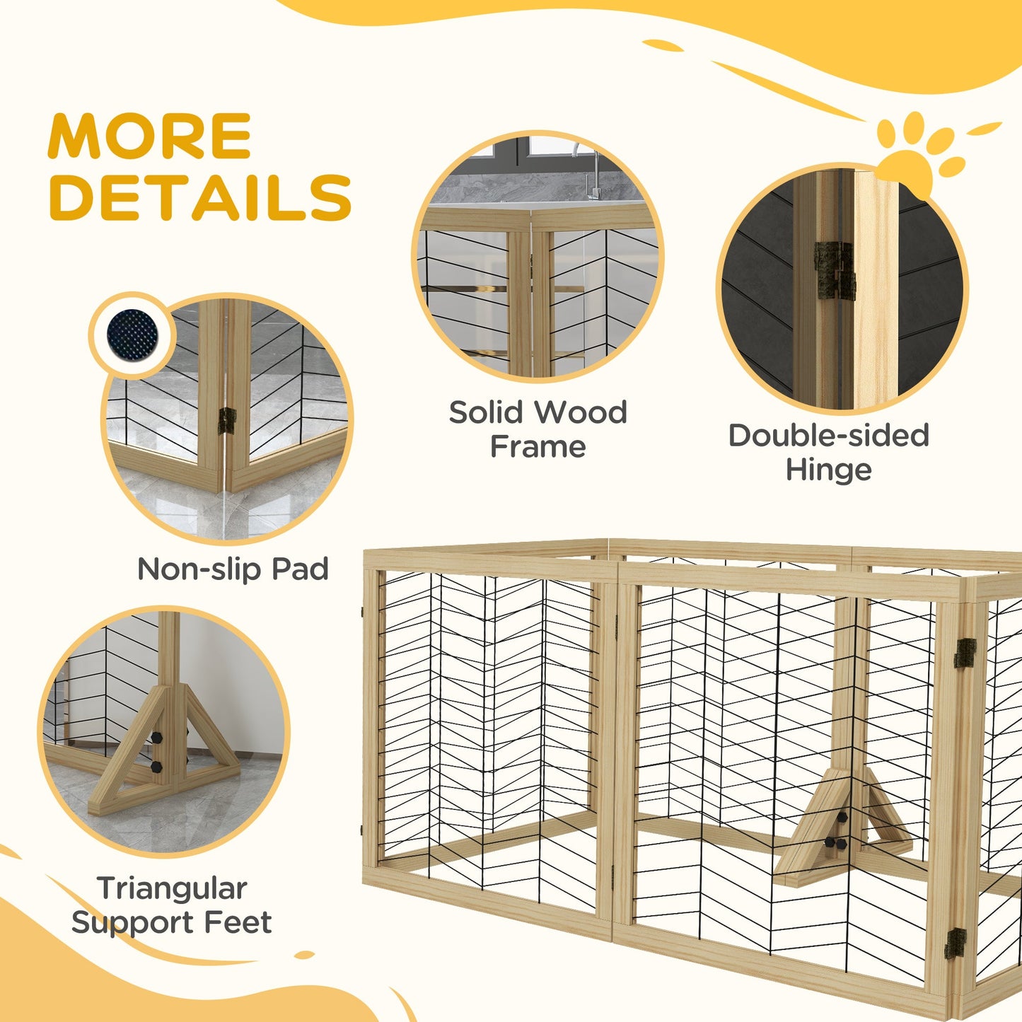 PawHut 6 Panels Pet Gate, Wooden Foldable Dog Barrier w/ Two Support Feet, for Small, Medium Dogs - Natural Wood