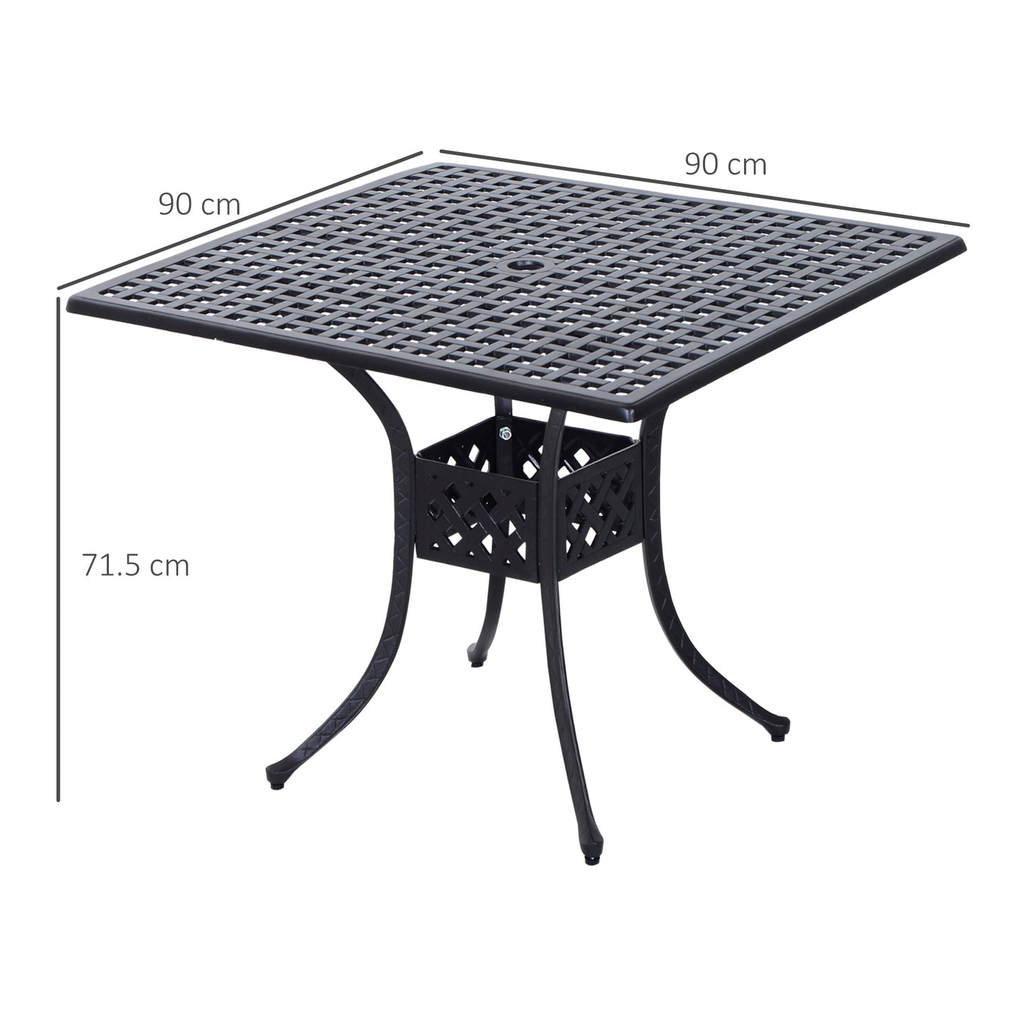 Outsunny 90cm Square Garden Table with Umbrella Hole, Aluminium Grid Motif Outdoor Dining Table for Garden Patio, Black