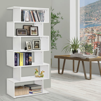 S Shape Wooden 6-tier Bookshelf Open Concept Bookcase Storage Display Unit for Home Office Living Room, White