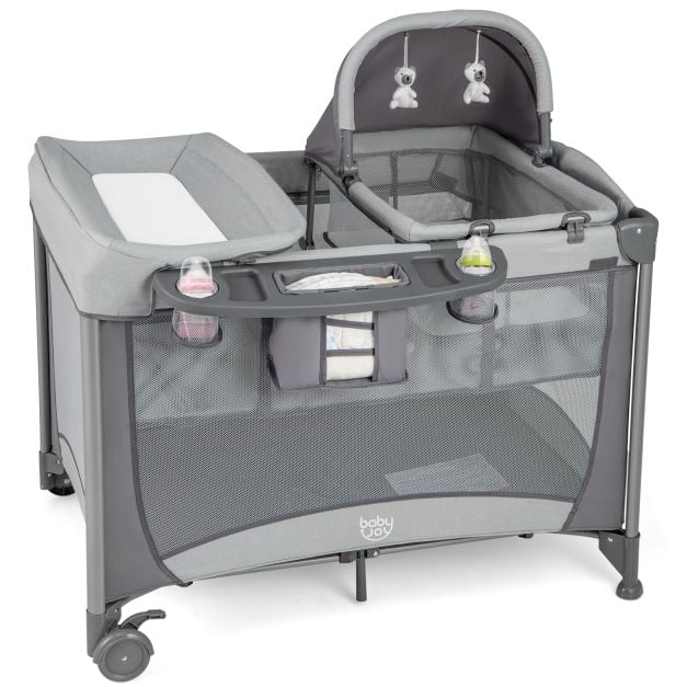 5 in 1 Baby Bed Foldable Travel Cot Playpen Changing Table with Crib Removable Mattress Toys Side Entry Grey