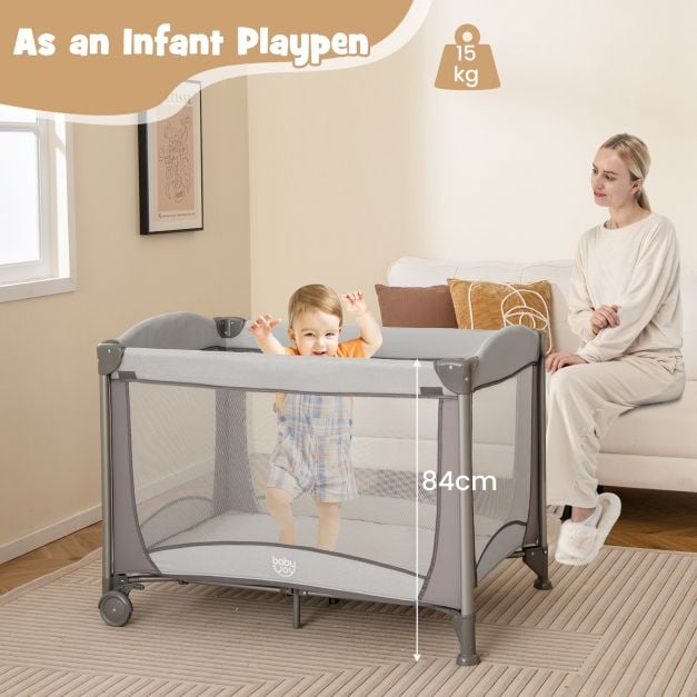 5 in 1 Baby Bed Foldable Travel Cot Playpen Changing Table with Crib Removable Mattress Toys Side Entry Grey