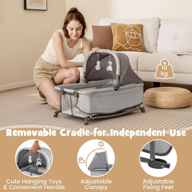 5 in 1 Baby Bed Foldable Travel Cot Playpen Changing Table with Crib Removable Mattress Toys Side Entry Grey