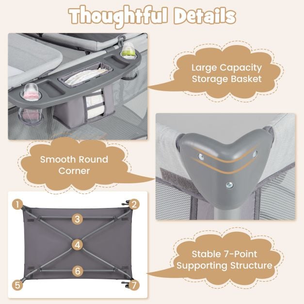 5 in 1 Baby Bed Foldable Travel Cot Playpen Changing Table with Crib Removable Mattress Toys Side Entry Grey