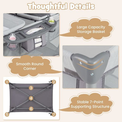 5 in 1 Baby Bed Foldable Travel Cot Playpen Changing Table with Crib Removable Mattress Toys Side Entry Grey
