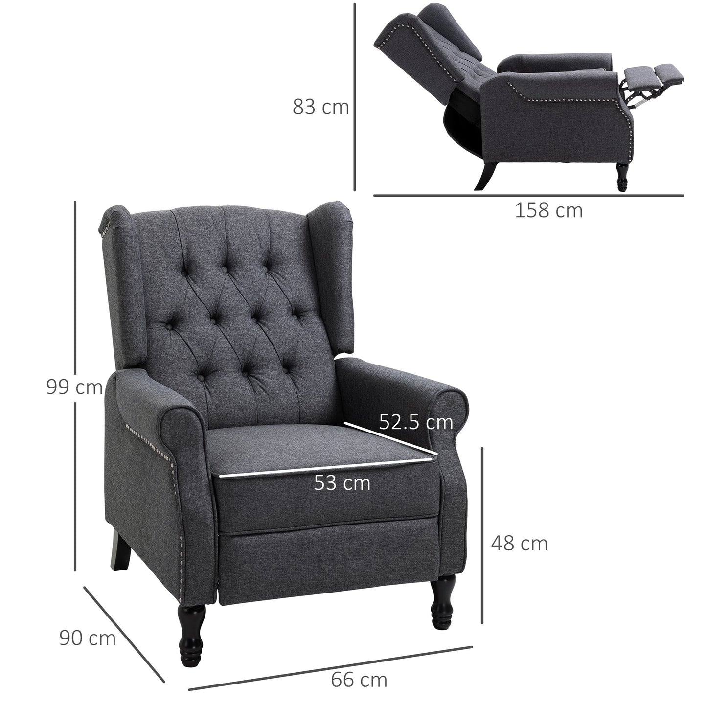 Recliner Armchair for Living Room, Reclining Chair, Wingback Chair with Button Tufted Back and Footrest, Dark Grey