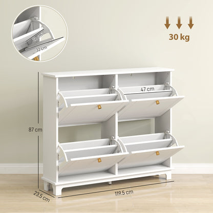 HOMCOM Narrow Shoe Storage Cabinet, Slim Shoe Cabinet with 4 Flip Drawers, Adjustable Shelves for 16 Pairs of Shoes, White