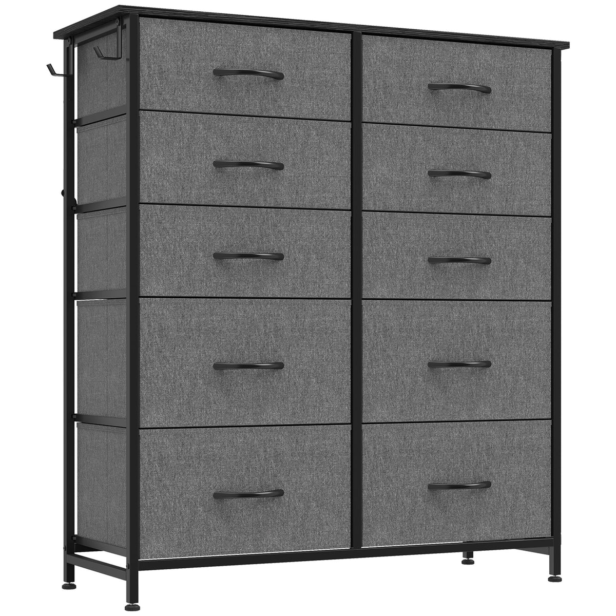 HOMCOM Chest of Drawers, Dresser with 10 Fabric Drawers, Tall Storage Unit with 4 Pockets and 2 Hooks Steel Frame, Grey