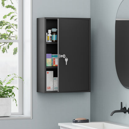kleankin 3-Tier Steel Wall Mount Medicine Cabinet, First Aid Cabinet Lockable with 2 Keys for Bathroom and Kitchen, Black