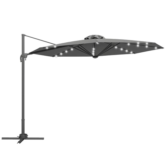 Outsunny 3(m) Cantilever Roma Parasol Patio Sun Umbrella with Crank & Tilt LED Solar Light Cross Base 360 Rotating Outdoor, Dark Grey