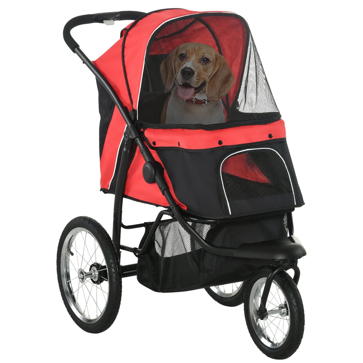 PawHut Pet Stroller Jogger for Medium, Small Dogs, Foldable Cat Pram Dog Pushchair w/ Adjustable Canopy, 3 Big Wheels - Red