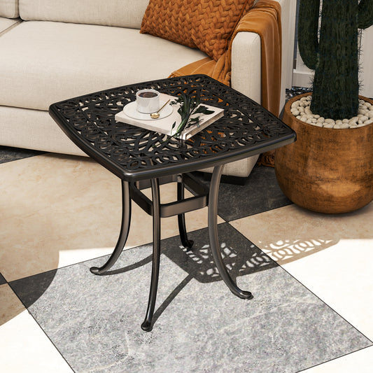 Stół ogrodowy Outsunny Outdoor z otworem na parasol o średnicy 38 mm, aluminiowy stolik tarasowy z antypoślizgowymi podkładkami do ogrodu, na patio lub balkon, 54 x 54 cm, czarny
