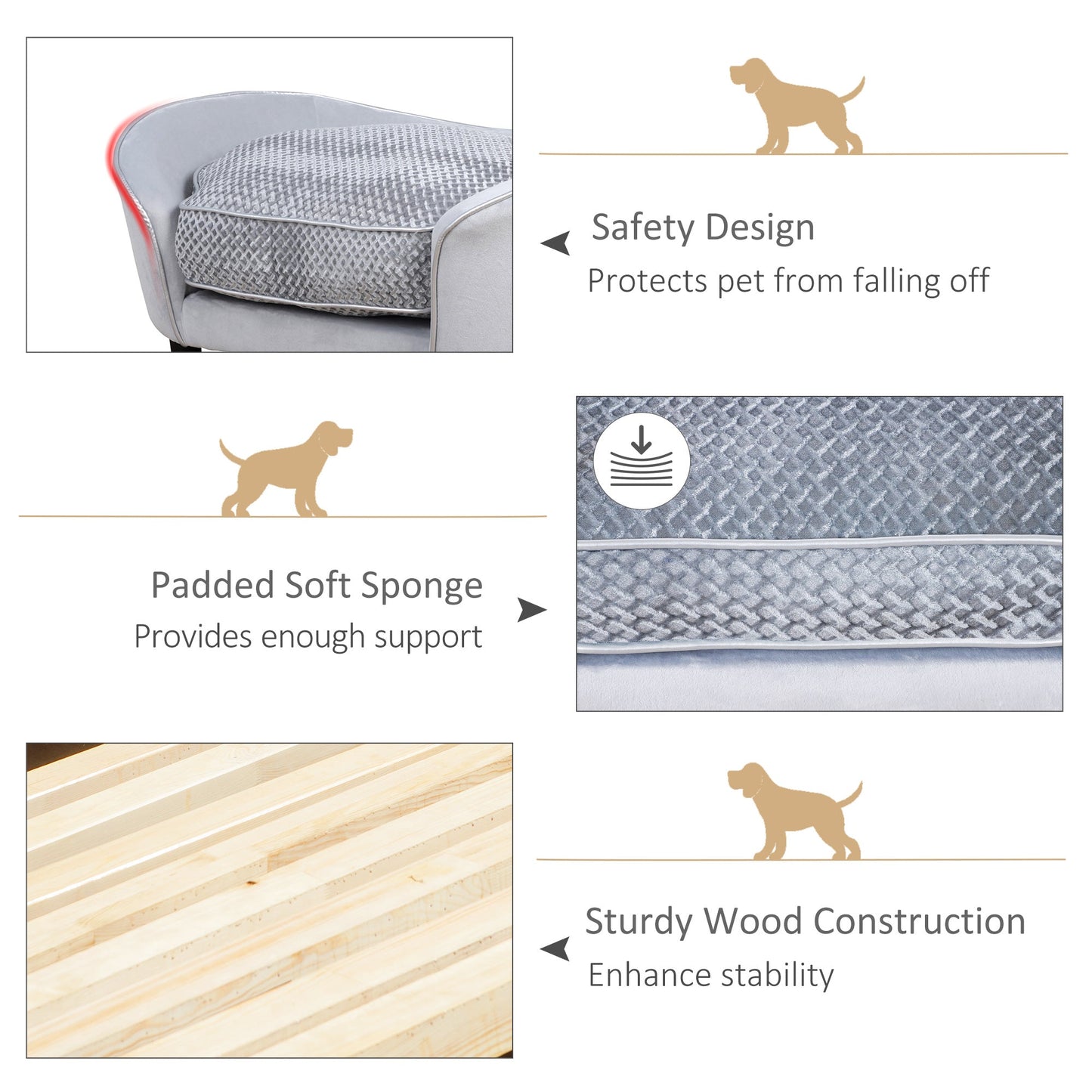 PawHut Dog Sofa for XS and S-Size Dogs, Pet Couch with Thick Sponge Padded Cushion, Cat Lounge Bed with Washable Cover, Wooden Frame