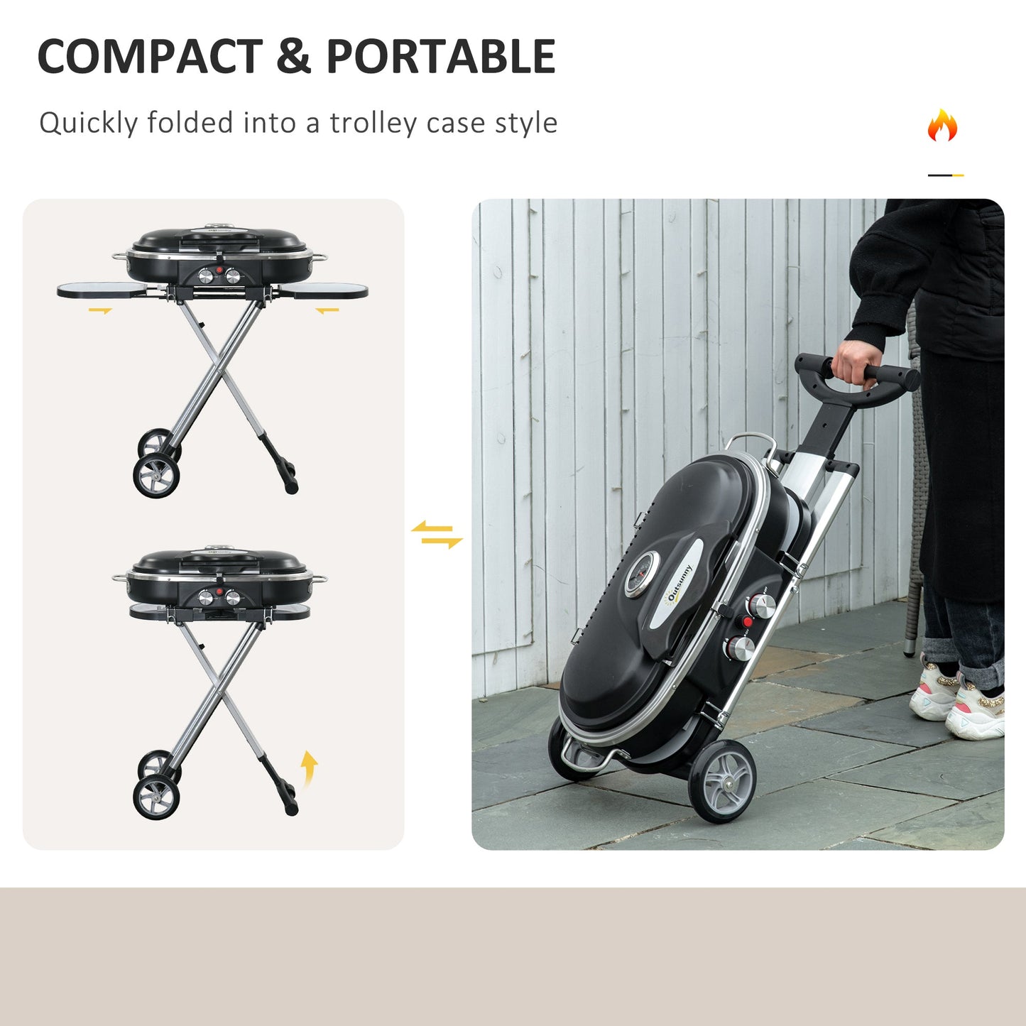 Outsunny Foldable Gas BBQ Grill 2 Burner Garden Barbecue Trolley w/ Lid Side Shelves Storage Pocket Piezo Ignition Thermometer, Aluminium Alloy