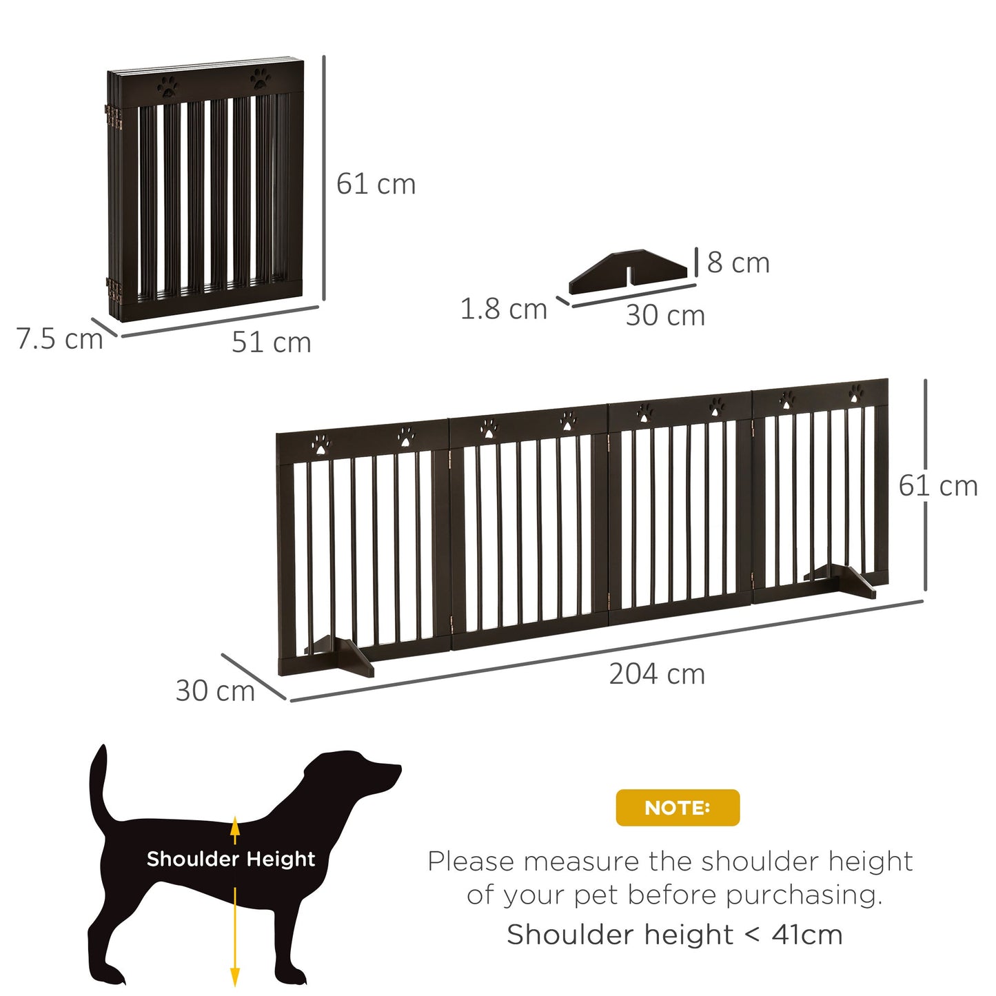 PawHut Freestanding Pet Gate 4 Panel Wooden Dog Barrier Folding Safety Fence with Support Feet up to 204cm Long 61cm Tall for Doorway Stairs Brown