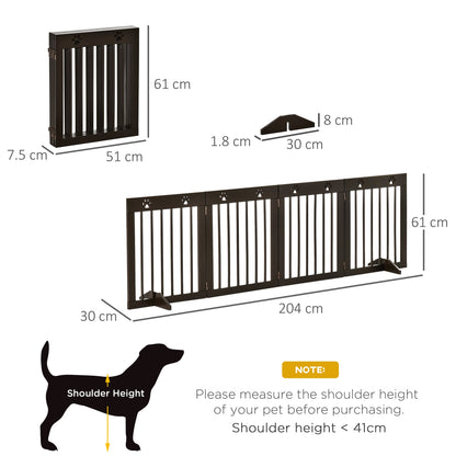 PawHut Freestanding Pet Gate 4 Panel Wooden Dog Barrier Folding Safety Fence with Support Feet up to 204cm Long 61cm Tall for Doorway Stairs Brown