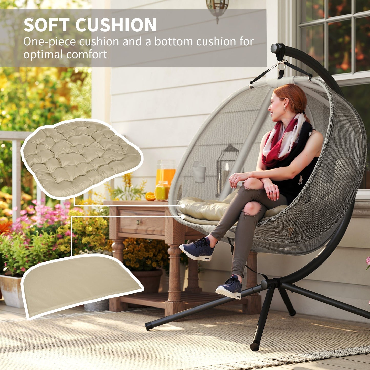 Outsunny Double Hanging Egg Chair 2 Seaters Texteline Swing Hammock Chair with Stand, Cushion and Folding Design, for Indoor and Outdoor, Brown