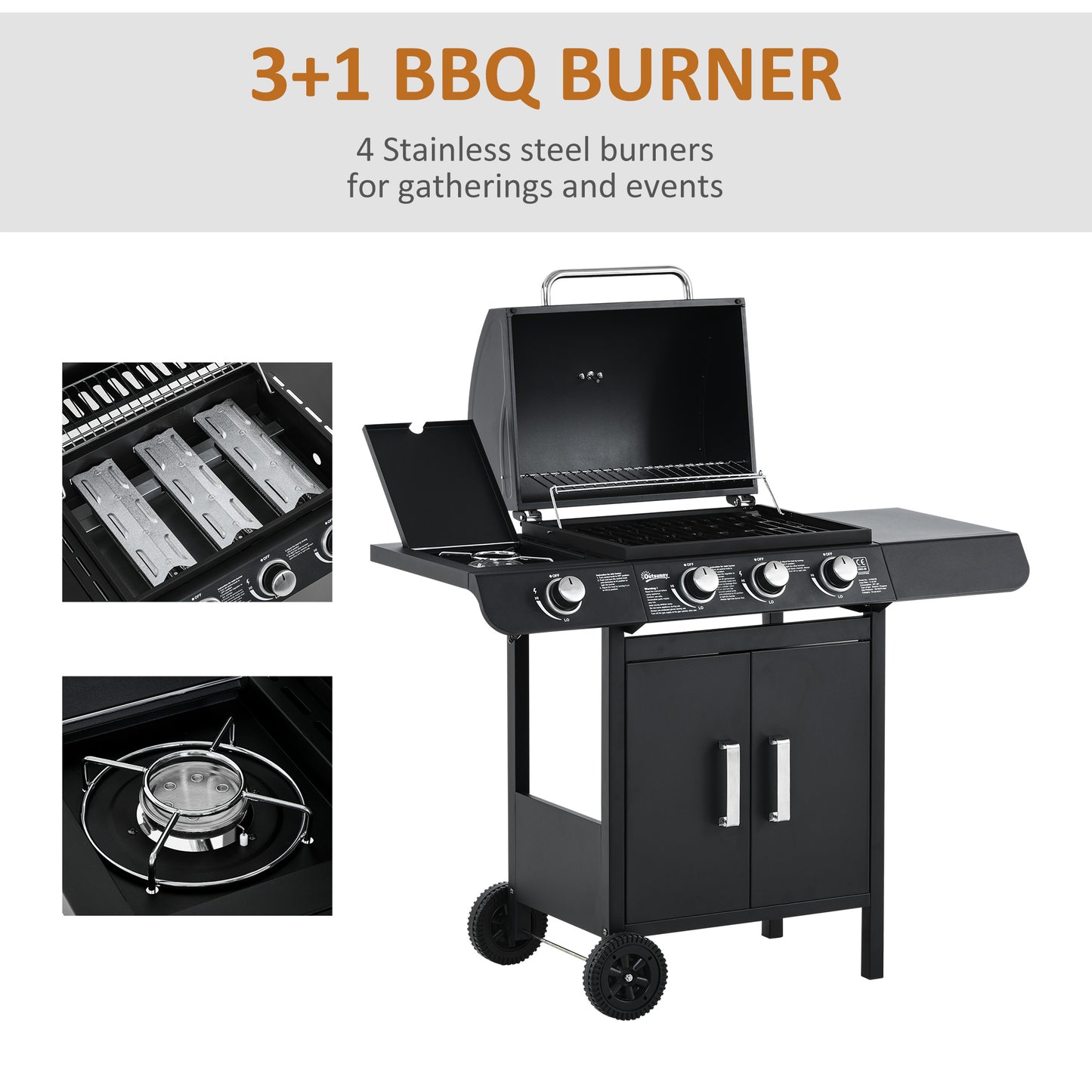 Outsunny 3+1 palnikowy grill gazowy, wózek do grilla na zewnątrz z kółkami, ruszt do podgrzewania, półki boczne, szafka, termometr do ogrodu, na imprezę, kemping, 110L x 50W x 100Hcm, czarny