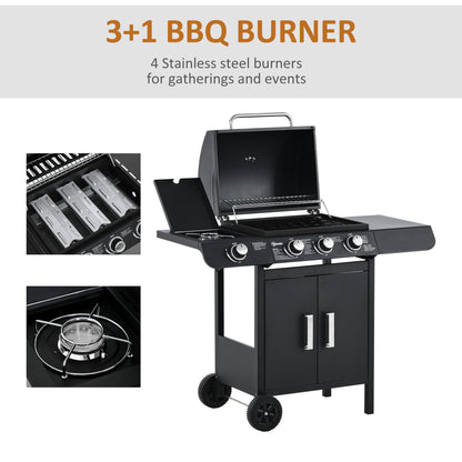 Outsunny 3+1 palnikowy grill gazowy, wózek do grilla na zewnątrz z kółkami, ruszt do podgrzewania, półki boczne, szafka, termometr do ogrodu, na imprezę, kemping, 110L x 50W x 100Hcm, czarny