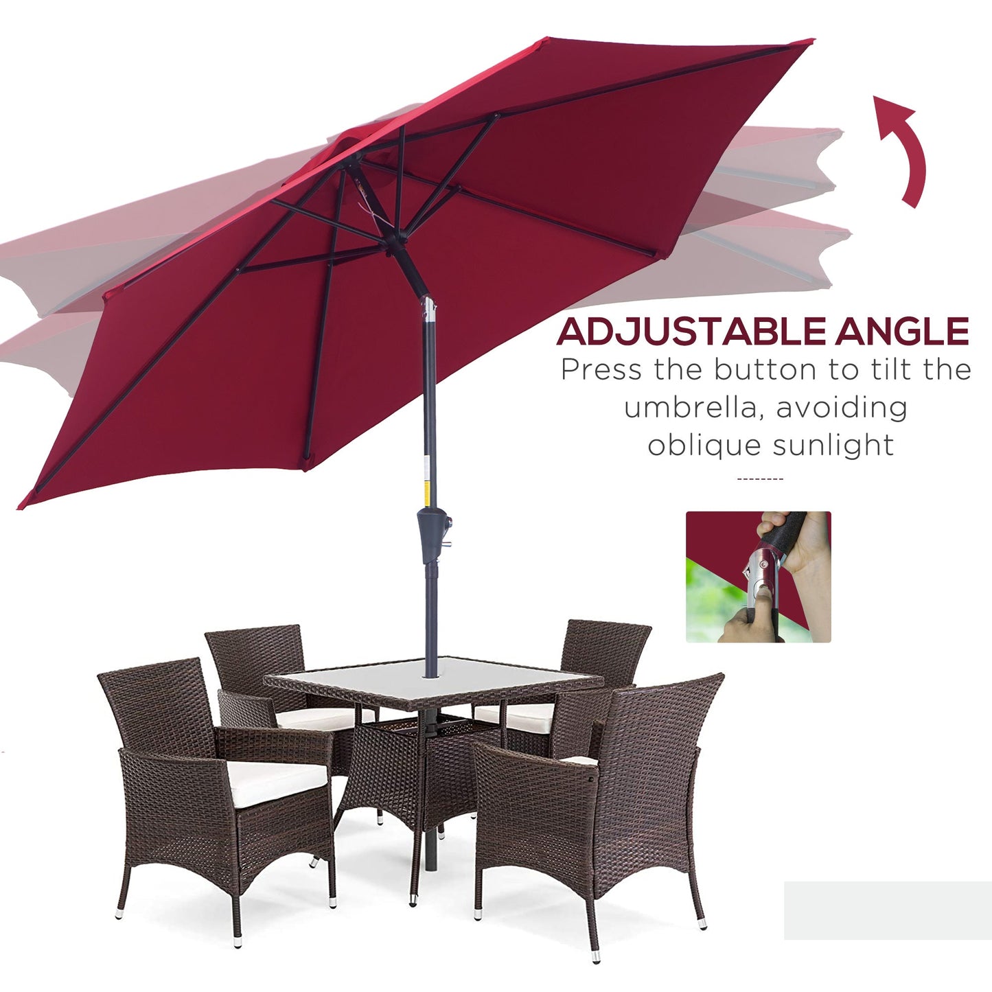 Outsunny 2.7M Tilting Parasol Sun Parasol Outdoor Garden Umbrellas Sun Shade Aluminium Frame with Crank（Wine Red）