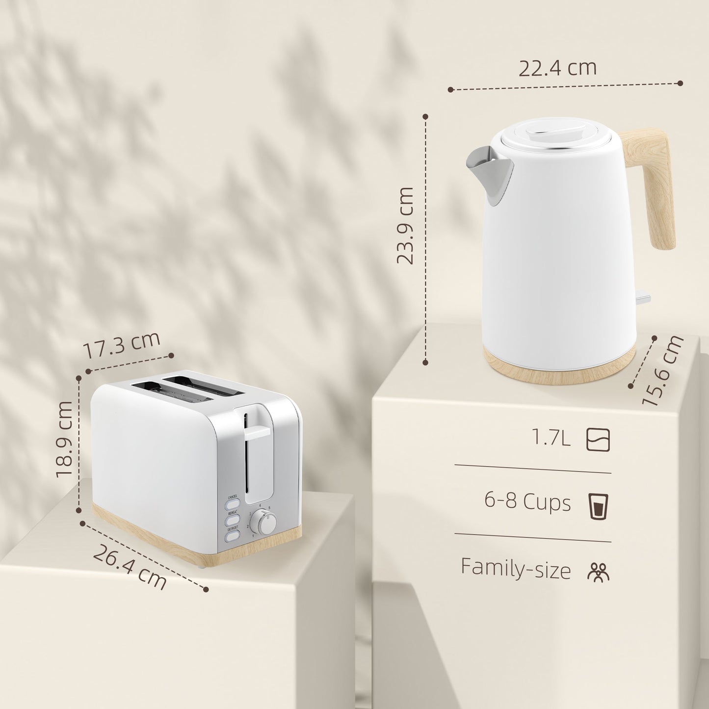 Zestaw HOMCOM z czajnikiem i tosterem, 1,7 l, 3000 W, czajnik z funkcją szybkiego gotowania i tosterem na 2 kromki, 7-stopniową regulacją opiekania, rozmrażaniem, podgrzewaniem, automatycznym wyłączaniem, zabezpieczeniem przed gotowaniem na sucho, biały