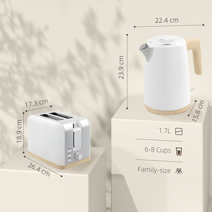Zestaw HOMCOM z czajnikiem i tosterem, 1,7 l, 3000 W, czajnik z funkcją szybkiego gotowania i tosterem na 2 kromki, 7-stopniową regulacją opiekania, rozmrażaniem, podgrzewaniem, automatycznym wyłączaniem, zabezpieczeniem przed gotowaniem na sucho, biały