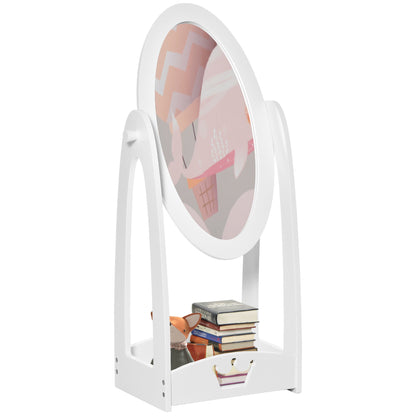HOMCOM Free Standing Full Length Mirror, Child's Dressing Mirror with storage shelf, Children's White Bedroom Furniture 360 Rotation MDF, For 3- 8 Years Old, 40L x 30W x 104H cm