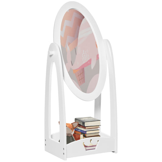 HOMCOM Free Standing Full Length Mirror, Child's Dressing Mirror with storage shelf, Children's White Bedroom Furniture 360 Rotation MDF, For 3- 8 Years Old, 40L x 30W x 104H cm