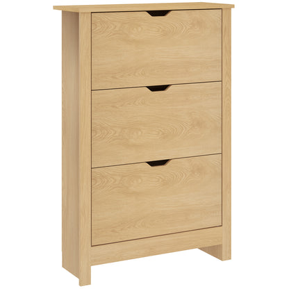 HOMCOM Slim Shoe Cabinet, Narrow Shoe Cupboard with 3 Drawers, Adjustable Shelves for 18 Pairs of Shoes, Natural Wood Finish