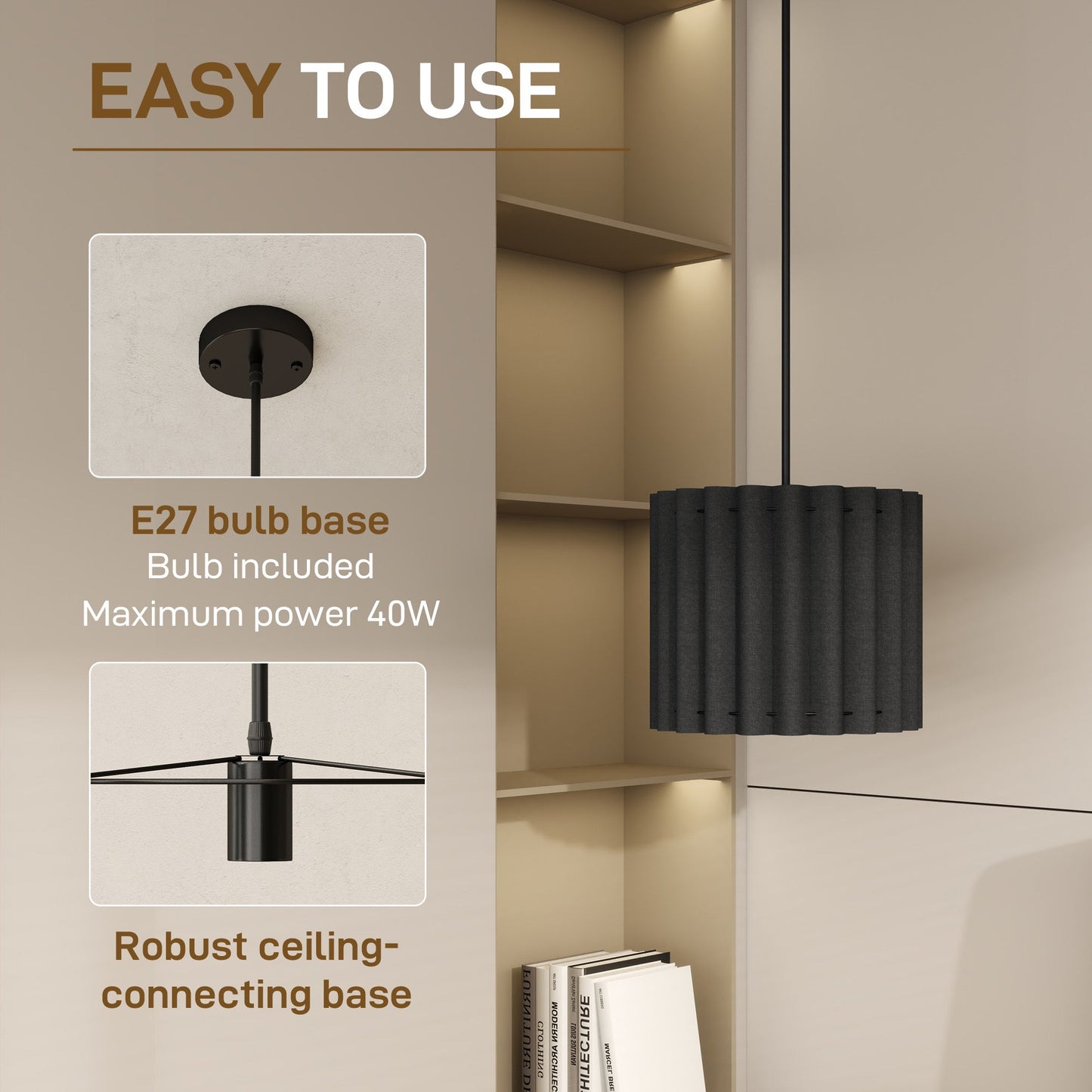 Lampa wisząca HOMCOM Linen, nowoczesny abażur sufitowy w kształcie fali, abażur E27 do salonu, sypialni, kuchni, przedpokoju, czarny