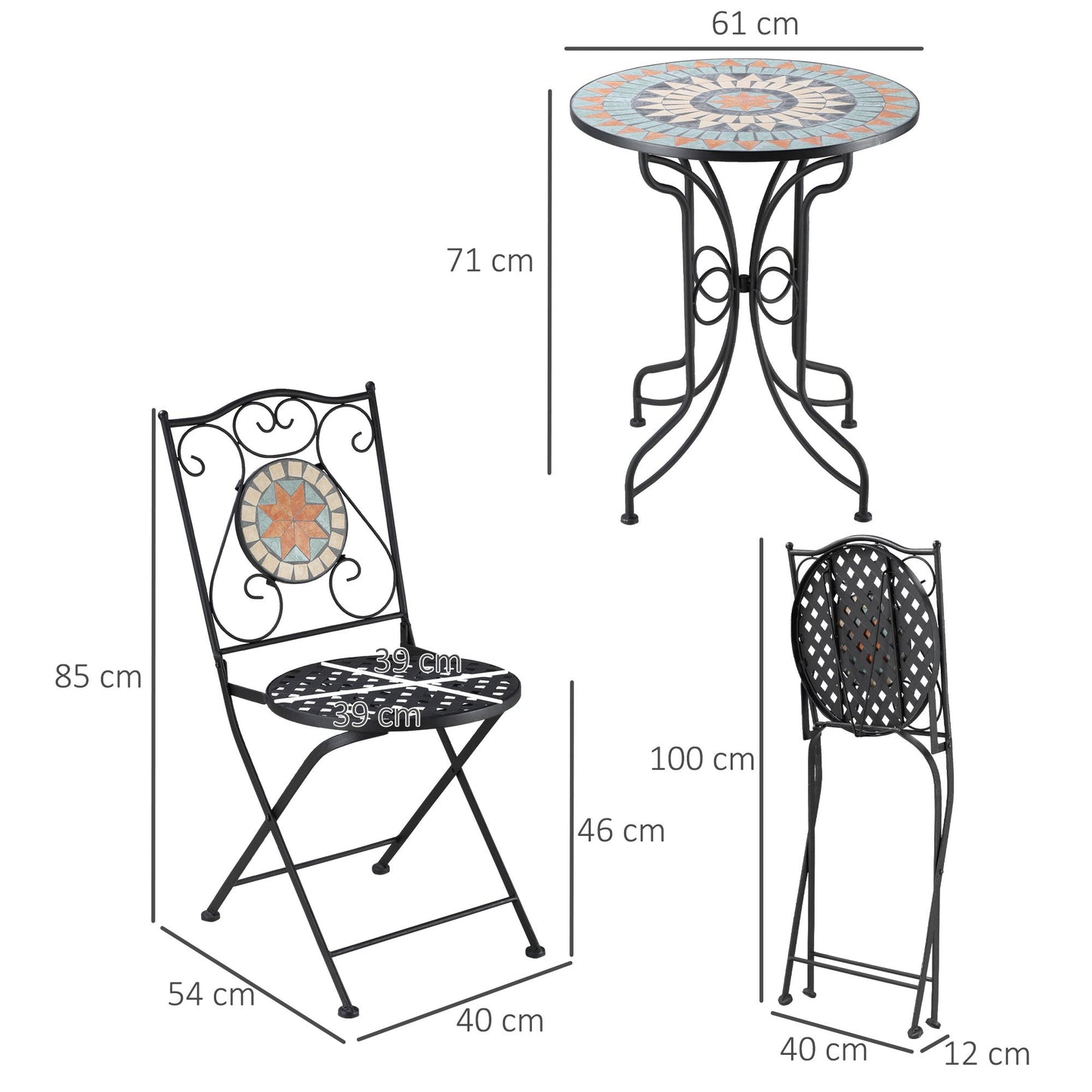 Outsunny 3 Piece Garden Bistro Set, Folding Patio Chairs_Ceramic Tiles Tabletop for Outdoor, Balcony, Poolside, Light Blue