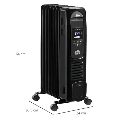 HOMCOM 1500W Cyfrowy Grzejnik Olejowy, 7 Żeberek, Przenośny Elektryczny Grzejnik z Wyświetlaczem LED, Wbudowanym Timerem, 3 Ustawienia Grzania, Wyłącznik Bezpieczeństwa i Pilot Zdalnego Sterowania, Czarny