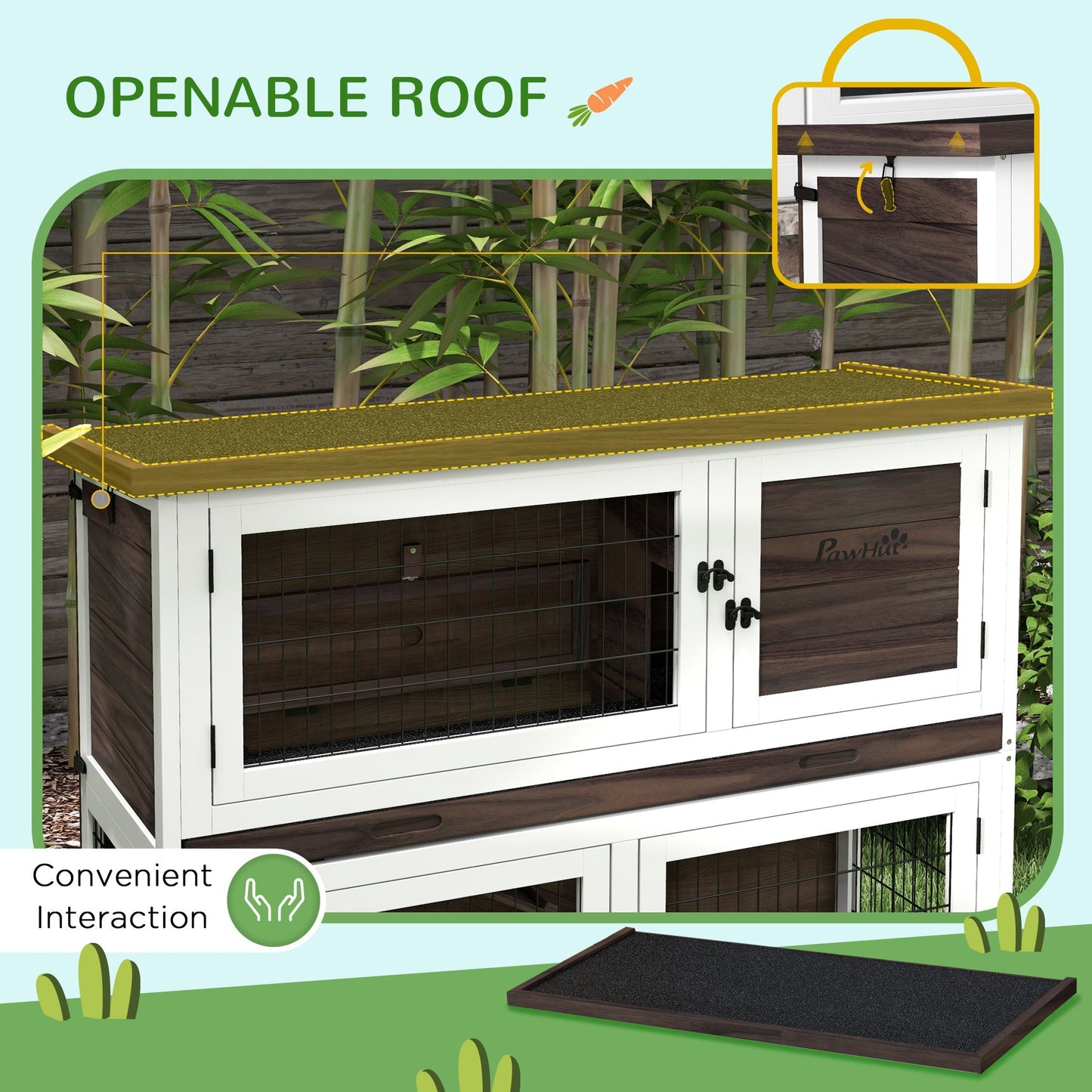 PawHut 2 Tiers Rabbit Cage Outdoor Guinea Pig Hutch with Sliding Trays, Asphalt Roof, No Screws Installation, for 1-2 Rabbits