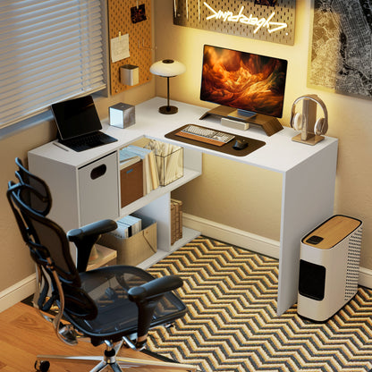 HOMCOM Corner Desk, Computer Desk with Fabric Drawer and Open Compartments, 110 x 100 x 75 cm, White