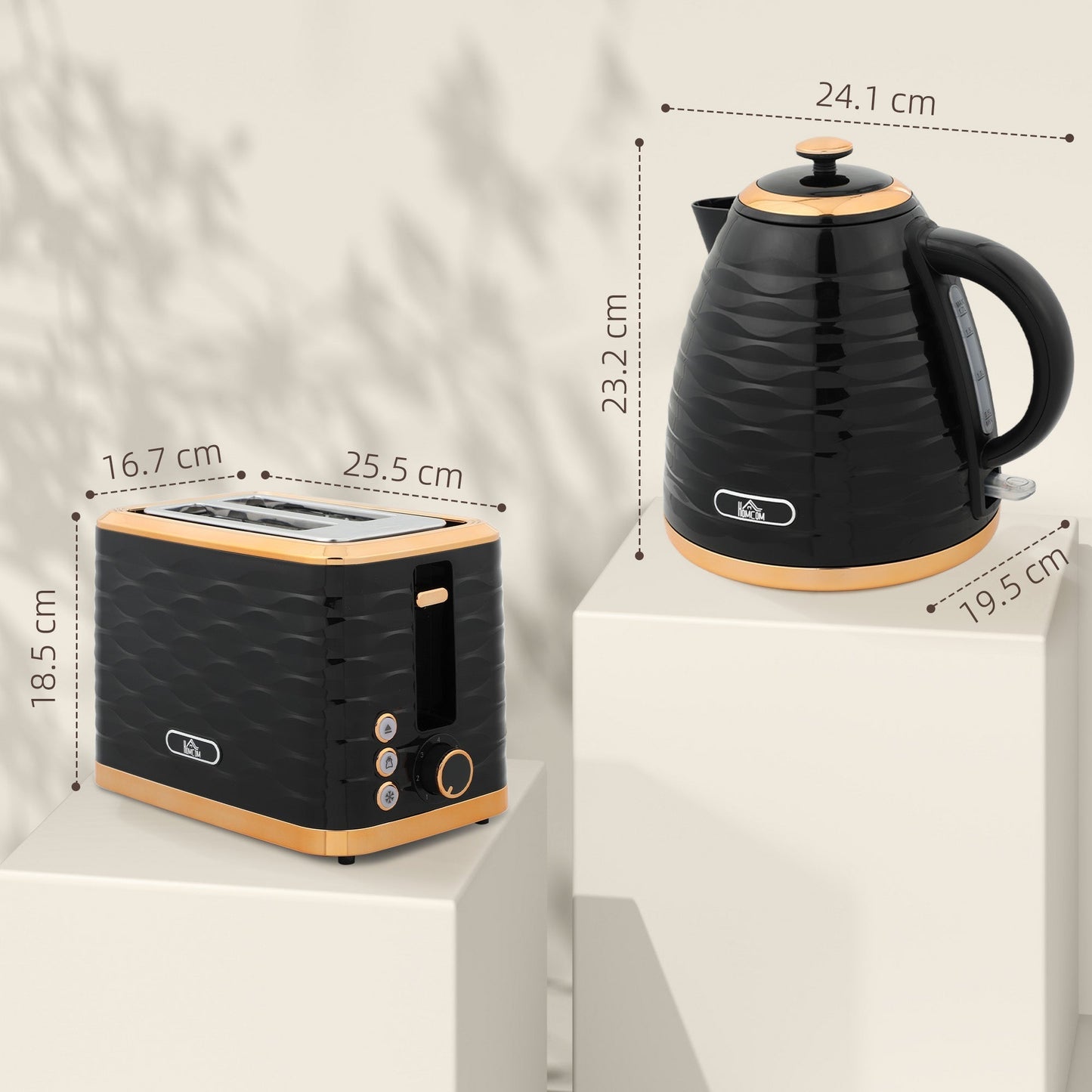 HOMCOM 3000W 1.7L Rapid Boil Kettle & 2 Slice Toaster, Kettle and Toaster Set with 7 Browning Controls and Crumb Tray, Black