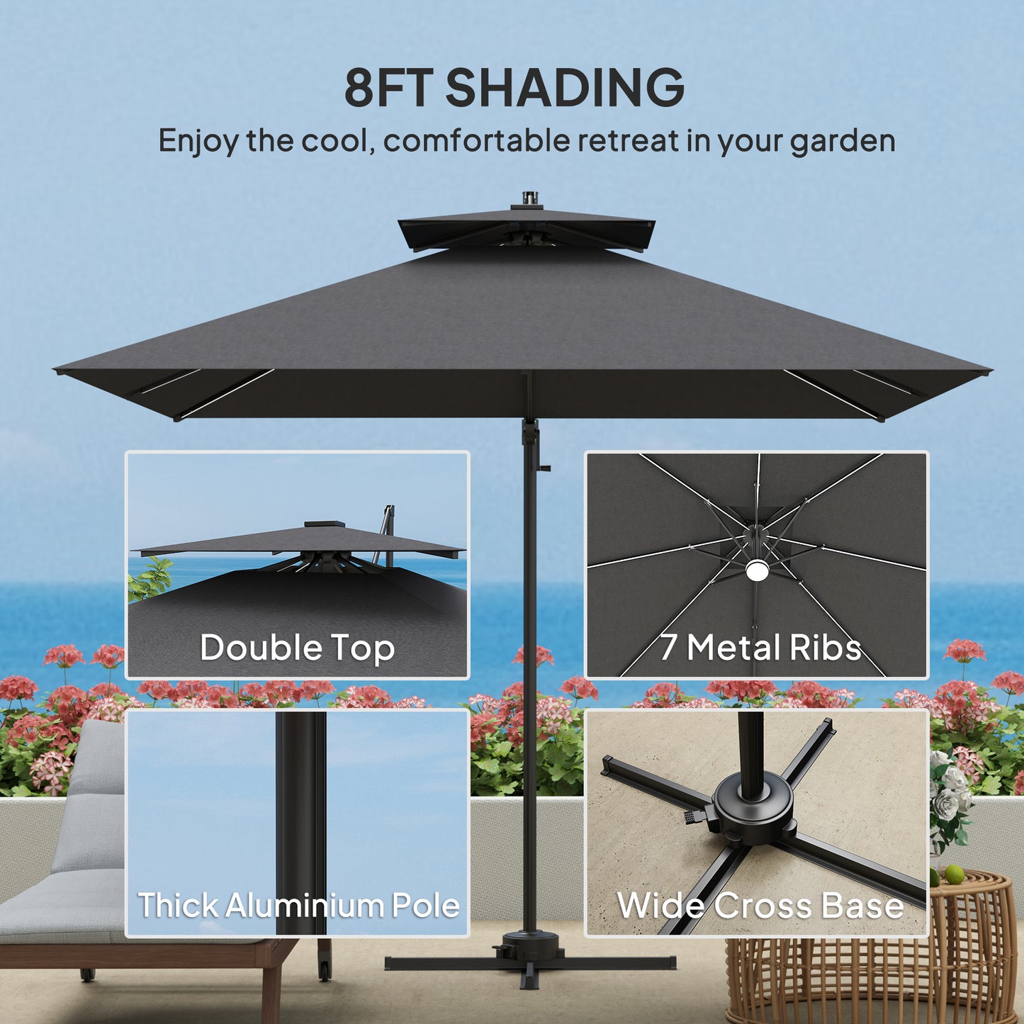 Outsunny 2,5 m parasol wspornikowy z lampami LED zasilanymi energią słoneczną, obrót 360√Ç¬∞, regulacja nachylenia, korba, ciemnoszary