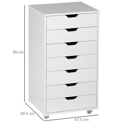 Vinsetto Vertical Filing Cabinet, 7-drawer File Cabinet, Mobile Office Cabinet on Wheels for Study, Home Office, White