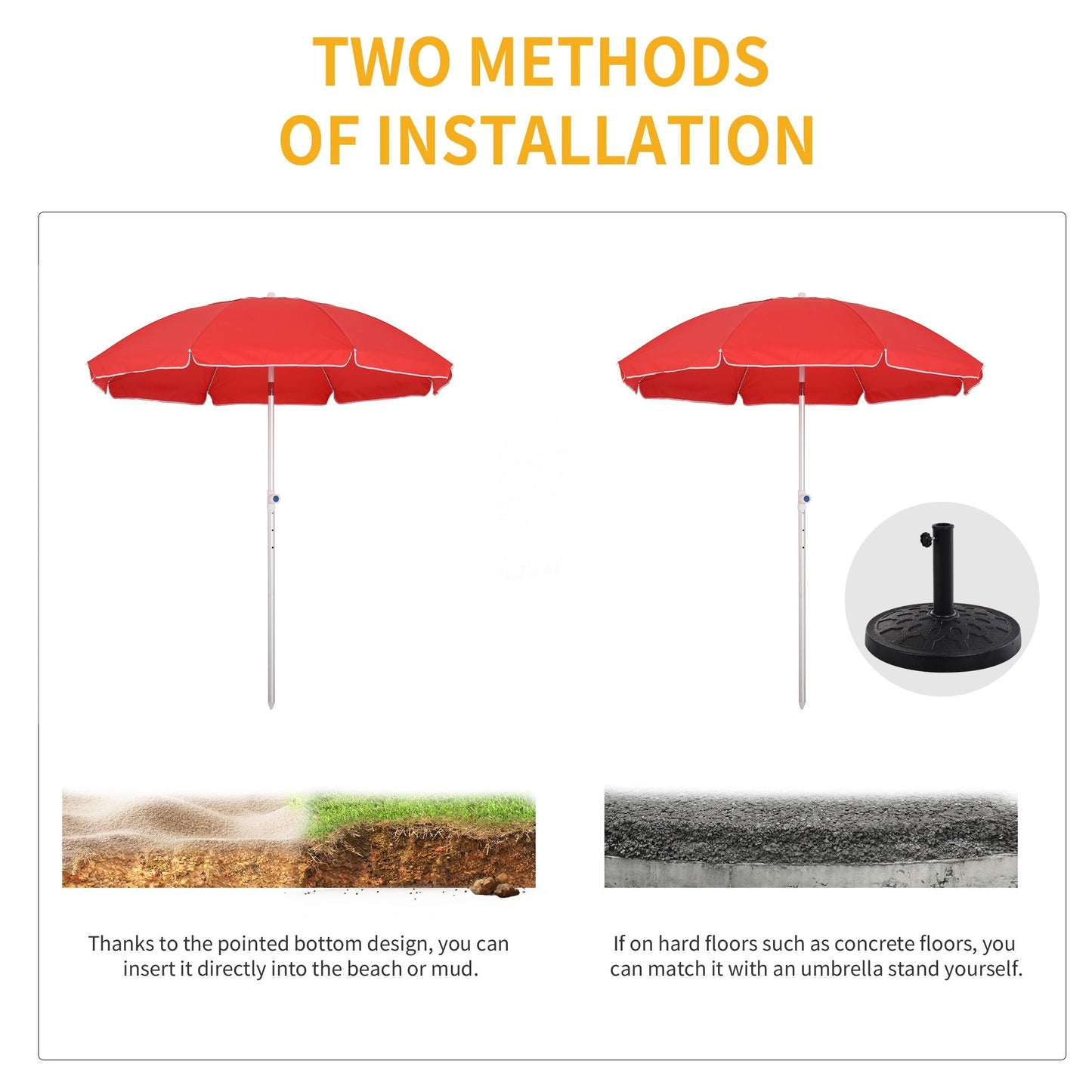 1.9m Arced Beach Umbrella 3-Angle Canopy Parasol w/ Aluminium Frame Pointed Spike Carry Bag Outdoor Sun Safe Shelter Patio Red