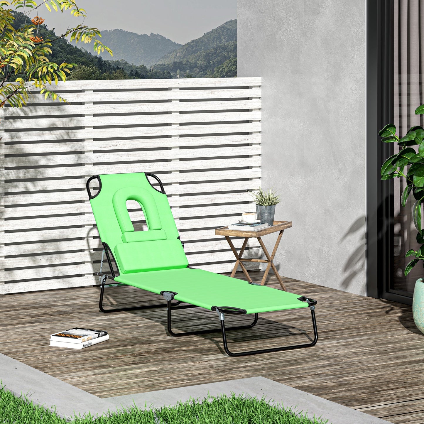 Outsunny Outdoor Folding Sun Lounger with Face Hole, 4 Level Adjustable Backrest Reclining Garden Lounger, Garden Recliner Sunbed with 600 D Oxford Cloth Seat and Pillow for Beach, Green