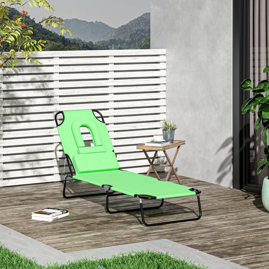 Outsunny Outdoor Folding Sun Lounger with Face Hole, 4 Level Adjustable Backrest Reclining Garden Lounger, Garden Recliner Sunbed with 600 D Oxford Cloth Seat and Pillow for Beach, Green